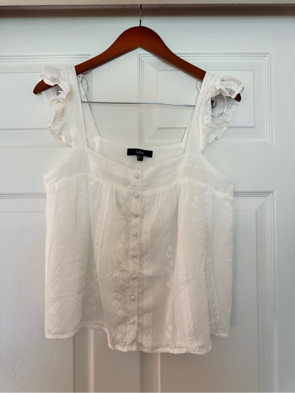 Lulus White Eyelet Embroidered Ruffle Strap Button Front Top M